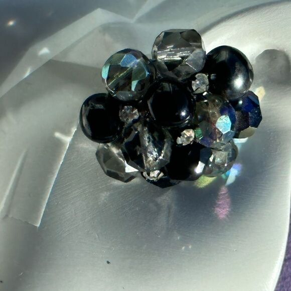 Large Vintage AB black crystal rhinestone cluster clip earrings by Vogue - Picture 10 of 15